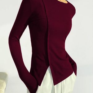 Daily Crew Neck  Split Plain Long Sleeve Knit, Tees, color:Wine Red|size:XXL, Stylewe