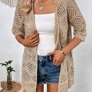 Casual Wool/Knitting Plain Cardigan, Sweaters, color:Khaki|size:XXL, JustFashionNow