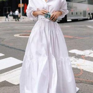 Urban Shirt Collar Maxi Dress With Belt, Maxi Dresses, color:White|size:XXL, Stylewe