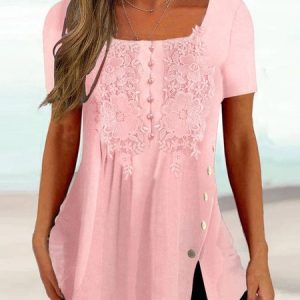 Casual Regular Fit Square Neck Shirt, Shirts & Blouses, color:Pink|size:XXL, JustFashionNow