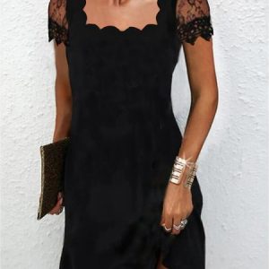 JFN 
Square Neck Plain Lace Vacation Party Mini Prom Dress, JustFashionNow Formal Dresses, color:Black|size:XXL,