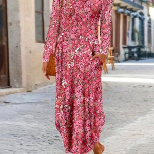 Casual Disty Floral Long Sleeve Crew Neck Dress, Maxi, color:Deep Pink|size:XXL, catalog Noracora shop
