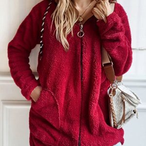 Casual Plain Hoodie Zipper Teddy Jacket, Coats, color:Red|size:XXL, JustFashionNow