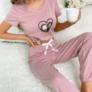 Casual Heart Pattern Tops Pants Pajamas Set Home Daily Women's Clothing, Pajamas, color:As Picture|size:XL, Noracora