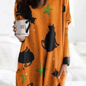 Halloween Cat Crew Neck Casual Loose Dress, Dresses, color:Orange|size:XXL, JustFashionNow