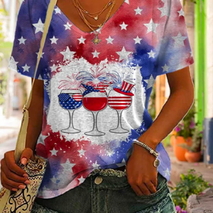 Loose America Flag Casual V Neck Women'S Star Wine Glass Print V-Neck Short-Sleeved T-Shirt, T-Shirts, color:Red|size:XXL, JustFashionNow