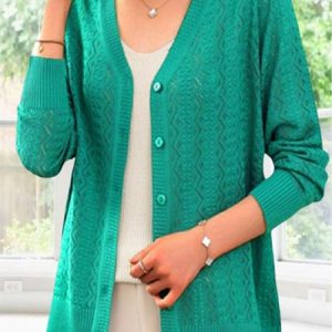 Plain Buckle Long Sleeve Casual Hollow Out Cardigan, Cardigans, color:Green|size:3XL, Noracora