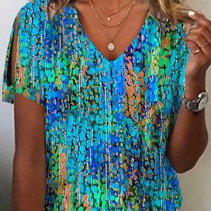 Cotton V Neck Casual Geometric T-Shirt, T-Shirts, color:Green|size:XXL, JustFashionNow