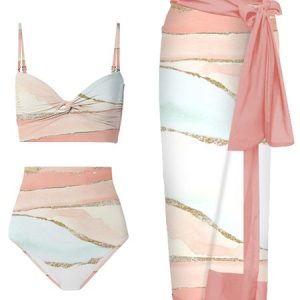 Vacation Abstract Printing V Neck Bikini With Cover Up, Bikini Sets, color:Pink|size:XXL, Stylewe
