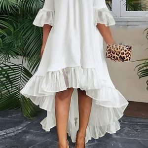 Regular Fit Crew Neck Color Block Elegant Dress, Midi Dresses, color:White|size:XXL, Stylewe