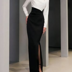 Long sleeve Elegant Others Tight Party Dress, Maxi Dresses, color:Black-white|size:XXL, Stylewe
