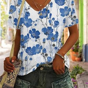 Regular Fit Printing Floral Vintage T-Shirt, T-Shirts, color:Blue|size:3XL, JustFashionNow