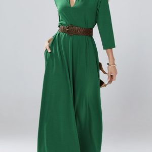 Three Quarter Plain Simple V Neck Maxi Dress, Dresses, color:Green|size:XS, Stylewe