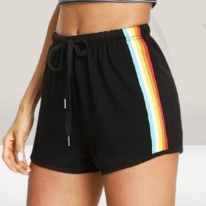 Woman Rainbow Strip Breathable Comfort Loose Casual Shorts, Shorts, color:Black|size:XL, JustFashionNow