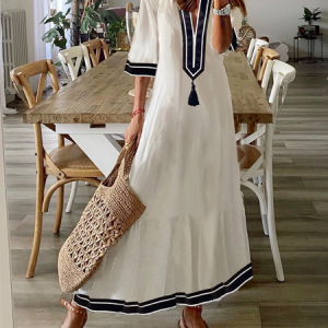 V Neck Casual Loose Striped Dress, Maxi Dresses, Roselinlin - Online Catalog