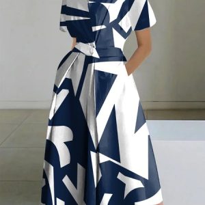 Casual Shirt Collar Abstract Printing Dress, Maxi Dresses, color:white-blue|size:XS, Stylewe