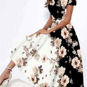 Knitted Floral Casual Regular Fit Dress, Maxi, color:Black|size:XXL, Noracora