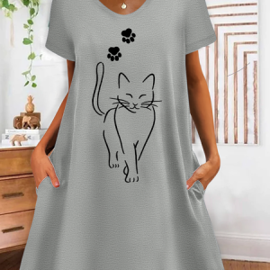 Women's Funny Cat V Neck Casual Dress, color:Gray|size:3XL, Lilicloth.com