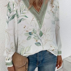 Loose Floral Casual V Neck Lace Top, Shirts & Blouses, color:White|size:XXL, JustFashionNow