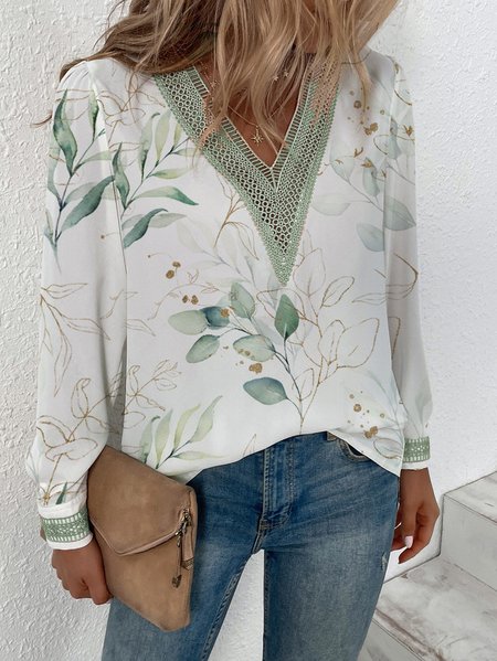 Loose Floral Casual V Neck Lace Top, Shirts & Blouses, color:White|size:XXL, JustFashionNow