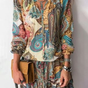 Paisley Casual 3/4 Sleeve Dress, Short, color:Multicolor|size:3XL, Noracora