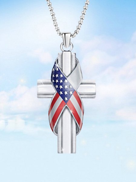 Independence Day American Flag Cross Necklace Set Party Holiday Jewelry, Necklaces, color:As Picture|size:One-size, JustFashionNow
