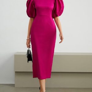 Plain Party Crew Neck Tight Party Dress, Midi Dresses, color:Deep Pink|size:XXL, Stylewe