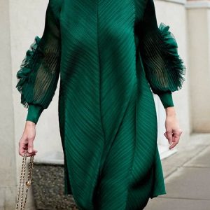 Regular Fit Half Turtleneck Elegant Plain Mini Dress With No Belt, Mini Dresses, color:Green|size:XXL, Stylewe