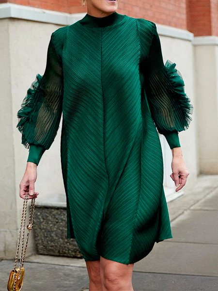 Regular Fit Half Turtleneck Elegant Plain Mini Dress With No Belt, Mini Dresses, color:Green|size:XXL, Stylewe