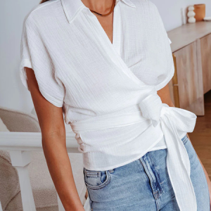 Loose Lightweight Shirt Collar Short sleeve Vacation Blouse, Blouses and Shirts, color:White|size:XS, Stylewe