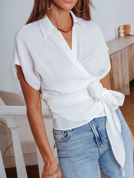 Loose Lightweight Shirt Collar Short sleeve Vacation Blouse, Blouses and Shirts, color:White|size:XS, Stylewe