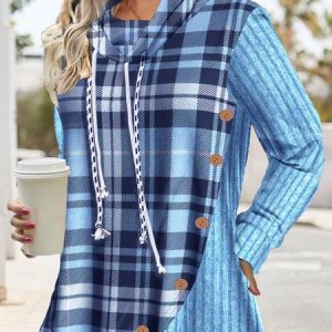 Casual Plaid Sweatshirt, Hoodies & Sweatshirts, color:Sky Blue|size:XXL, Noracora