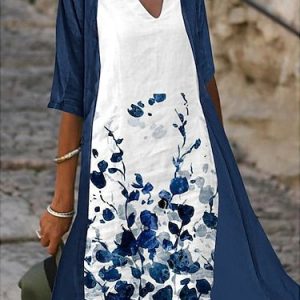 Charming Two Pieces V Neck Floral Half Sleeve Mother of the Bride Groom Wedding Guest Formal Dress With Cardigan, Midi Dresses, Roselinlin - Online Catalog