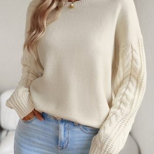 Crew Neck Loose Plain Simple Sweater, Sweaters, color:Beige|size:XL, JustFashionNow