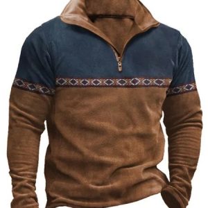 Color Block Stand Collar Regular Sleeve Vintage Regular Fit Long Sleeve T-Shirt, T-Shirts, color:Brown|size:3XL, JustFashionNow