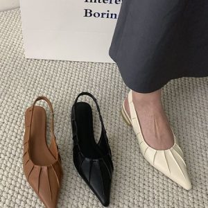French Elegant Pleats Pointed Back Empty Shoes, Flats, color:Off White|size:39, Stylewe