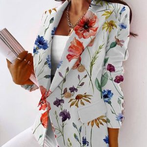 Regular Fit Elegant Floral  Print Lapel Collar Blazer, Blazers, color:White|size:XXL, Stylewe