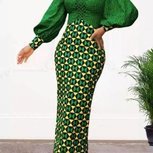 Lantern Sleeve Urban Crew Neck Dress, Maxi Dresses, color:Green|size:XXL, Stylewe