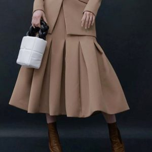 Midi Daily Regular Fit Plain Elegant Skirt, Skirts, color:Khaki|size:XXL, Stylewe