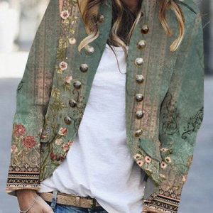 Half Turtleneck Long Sleeve Nationality/ethnic Buckle Heavyweight Micro-Elasticity Loose Blazer For Women, Blazers, color:Green|size:XXL, Noracora