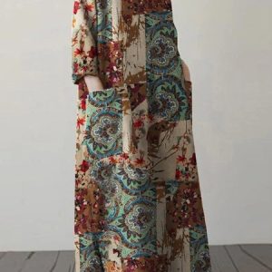Vintage Loose Cashew Flowers Cotton And Linen Dress, Maxi, color:Khaki|size:5XL, Noracora