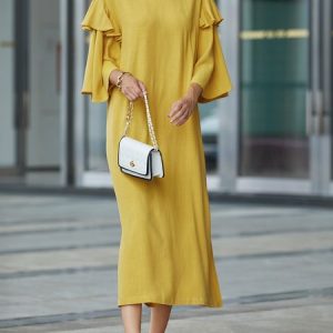 Loose Crew Neck Plain Urban Dress With No, Maxi Dresses, color:Yellow|size:XXL, Stylewe