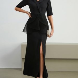 Plain Shawl Collar Elegant Mesh Wedding Guest Dress, Maxi Dresses, color:Black|size:XL, Stylewe