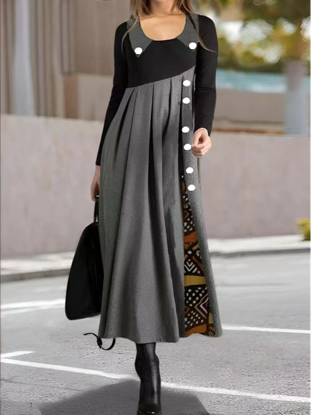 Casual Color Block Crew Neck Dress, Dresses, color:Gray|size:XXL, JustFashionNow