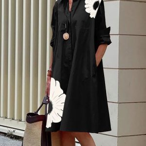 Urban Shirt Collar Long sleeve Regular Fit Dress, Midi Dresses, color:Black|size:XXL, Stylewe