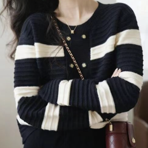 Women Wool/Knitting Striped Long Sleeve Comfy Casual Buckle Sweater, Sweaters, color:Black|size:3XL, Noracora