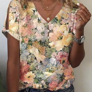 Casual Floral Cotton V Neck T-Shirt, JustFashionNow T-Shirts, color:Dark Pink|size:XXL