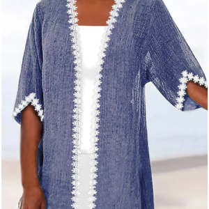 Cross Neck Plain Casual Linen Two-Piece Set, Suit Set, color:Navy Blue|size:XXL, JustFashionNow