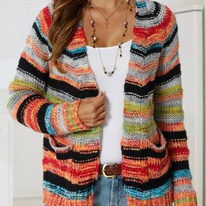 Long Sleeve Casual Striped Sweater coat, Sweaters, color:Multicolor|size:XXL, JustFashionNow