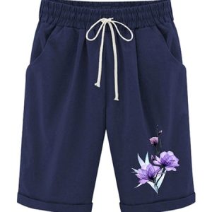 Women‘s Floral Knee Length Bermuda Shorts Plus Size Casual Summer Loose Fit Long Shorts Elastic Waist Shorts with Pockets, color:Navyblue|size:XXL, Lilicloth.com